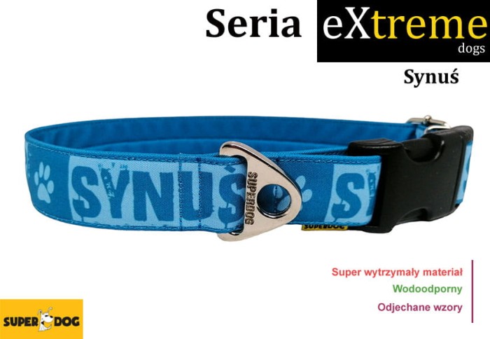 niebieska obroża dla psa z napisem synuś, wodoodporna, regulowana, różne typy zapięć, wytrzymała